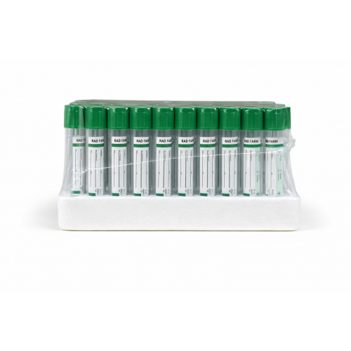 Пробірка вакуумна для збору крові "RAD FARM", 8,5мл, Гель + Натрій Гепарин 16х100мм, стерильна, з зеленою кришкою, IVD