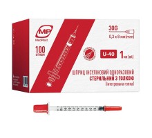 Шприц інсуліновий одноразовий стерильний з голкою МР MedPlast, U-40 1мл, 29G (0,33*12,7 мм) 100 шт